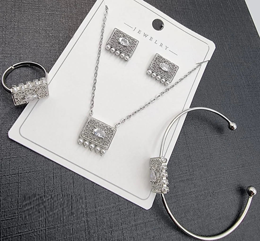 Silver Rectangle Crystal & Pearl Jewelry Set - Treviacart