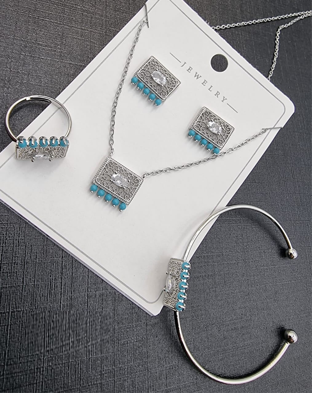 Silver Rectangle Crystal & Pearl Jewelry Set - Treviacart