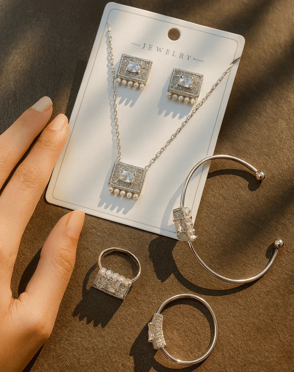 Silver Rectangle Crystal & Pearl Jewelry Set - Treviacart